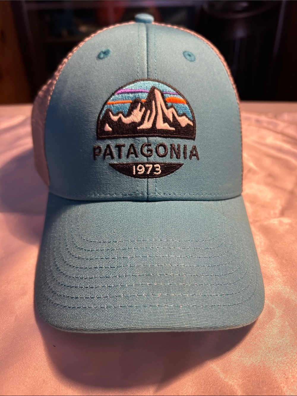 Patagonia light blue and gray 1973 mountain trucker hat
